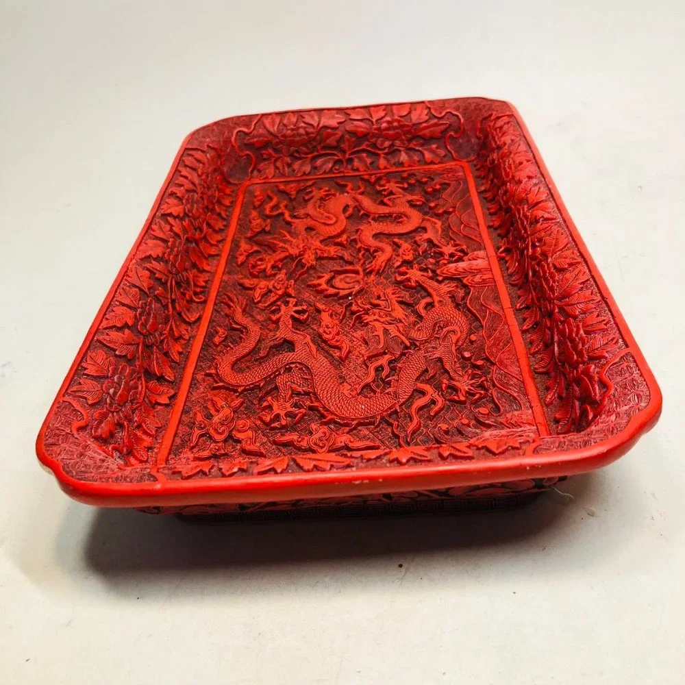 Vtg Chinese Cinnabar Style Resin Dragons Tray